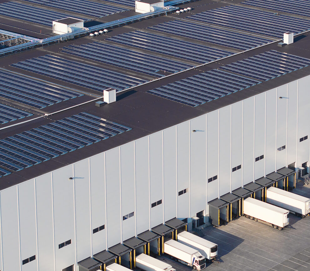 Solar panels on roof of commercial warehouse